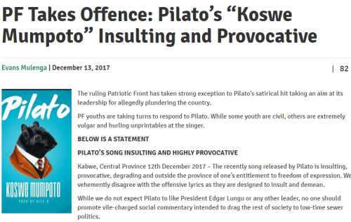 Screenshot of an article criticising Pilato