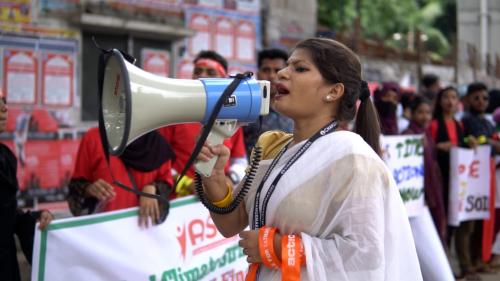 Aklima Akter, a young climate activist and founder of Changemakers, leading the Strike in Dhaka