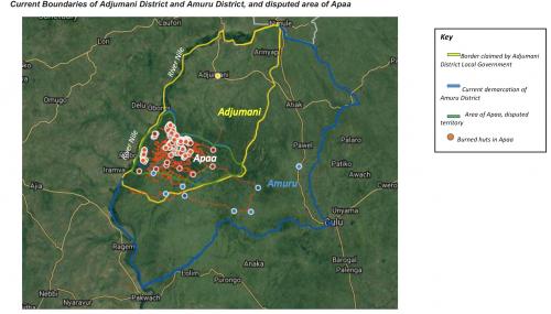 A map showing the current boundaries of Adjumani and Amara districts and the disputed area of Apaa