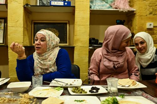 Khulod, Batoul, Aisha Alhaj Ali at the Kareemat shelter, a partner organization of ActionAid, that supports Syrian women. 