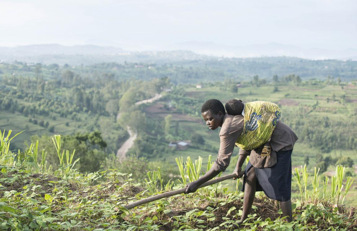 Beatrice from Rwanda straps her daughter Queen, 18 months, to her while farming her garden.