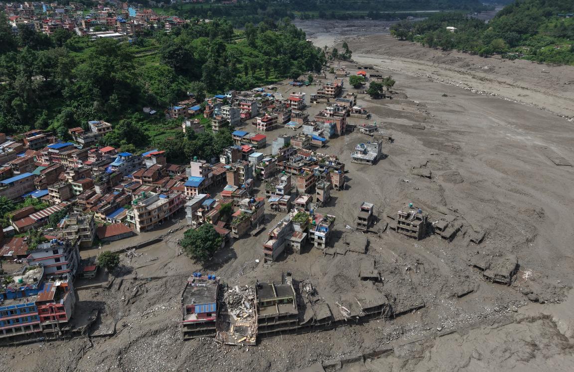 Aerial view showing residential buildings affected by the flash floods and landslide in Devighat, Bidur Municipality in Nepal's Nuwakot district. Photo: Prabin RANABHAT / ActionAid