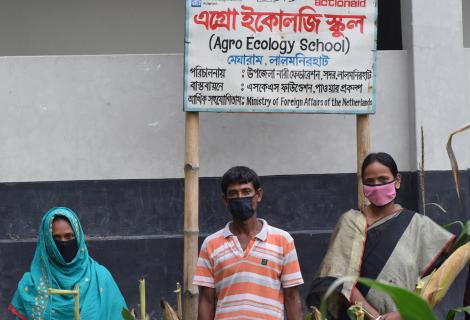 Facilitators and Farmers outside an ActionAid agroecology school in Bangladesh