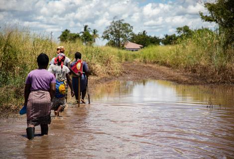 Women farmers walk through flooded fields in Buzi, Mozambique.