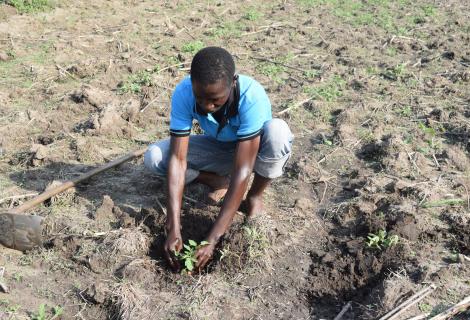 Okech practices his farming skills in Uganda