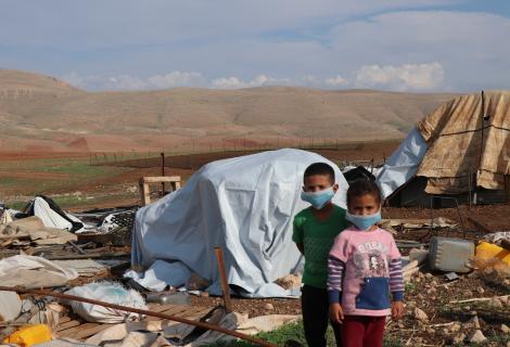 Children in the village of Humsa in the Jordan Valleys after it was demolished by Israeli forces on 3rd of November 2020 