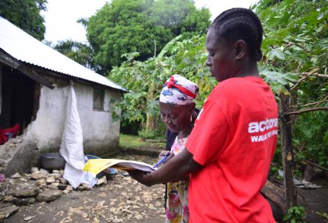 A member of the ActionAid Women First Responders Network assisting a survivor during the initial assessment stage of ActionAid's response to the August 2021 earthquake.