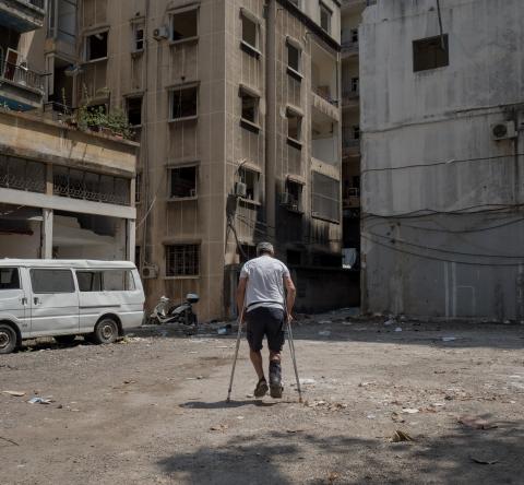 Ibrahim Dirani walks back his friends apartment, where he is now staying temporarily after the Beirut port explosion destroyed his home.