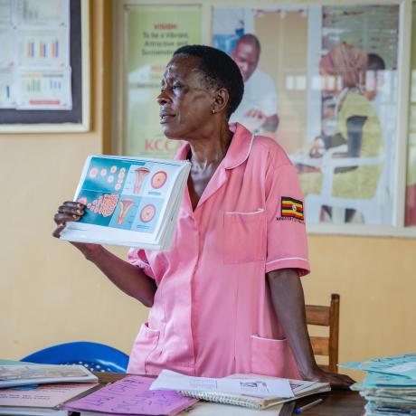 Nurse Margaret Kasolo, 57, educates women at Kawala Health Center IV in Kampala, Uganda