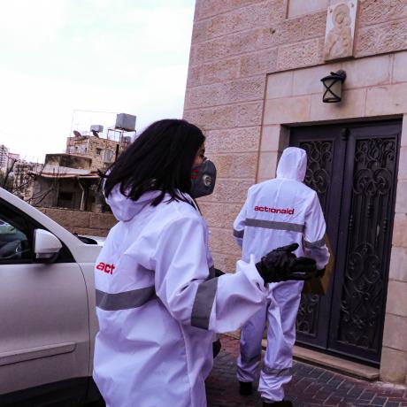 Staff and volunteers from ActionAid Palestine are distributing medical and hygiene supplies to Palestinian families.