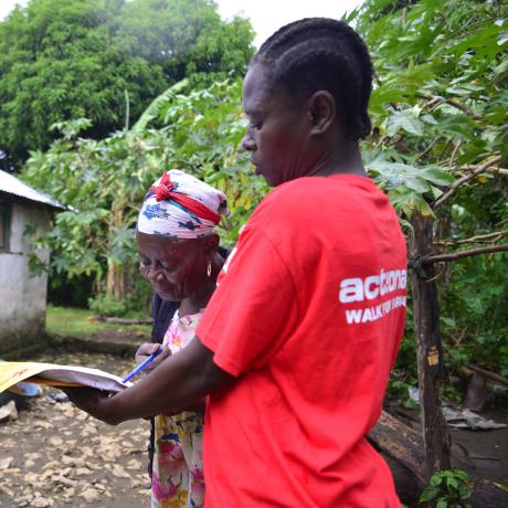 A member of the ActionAid Women First Responders Network assisting a survivor during the initial assessment stage of ActionAid's response to the August 2021 earthquake.