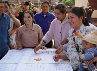 Community members generating a nutrition map (bottom) in Huay Lor village, Lao PDR. (LAO FARMERS’ ASSOCIATION)