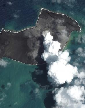 A satellite image of the Hunga Tonga Hunga Ha'apai volcano in Tonga, provided by Maxar Technologies