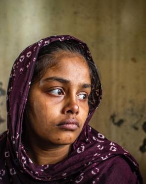 Tajnahar Begum, 24, was forced to flee to a temporary shelter with her son after flood water submerged their home.